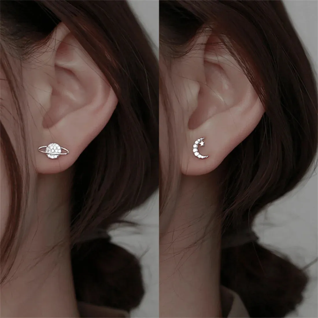 Simple Fashion Zircon Star Moon Mini Earrings for Women Cute Korean Planet Asymmetric Ear Studs Piercing Earrings Jewelry Gifts