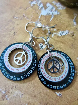 Steampunk Earrings - Peace sign - Watch parts earrings - Hippie - Boho - Womans earrings - For her