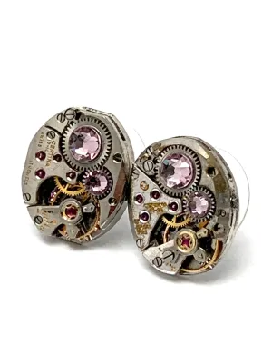 Steampunk Stud Earrings with Mechanical Watch Movement - Post earrings - Light Amethyst - February Birthstone - Steampunk jewelry - gift for mom