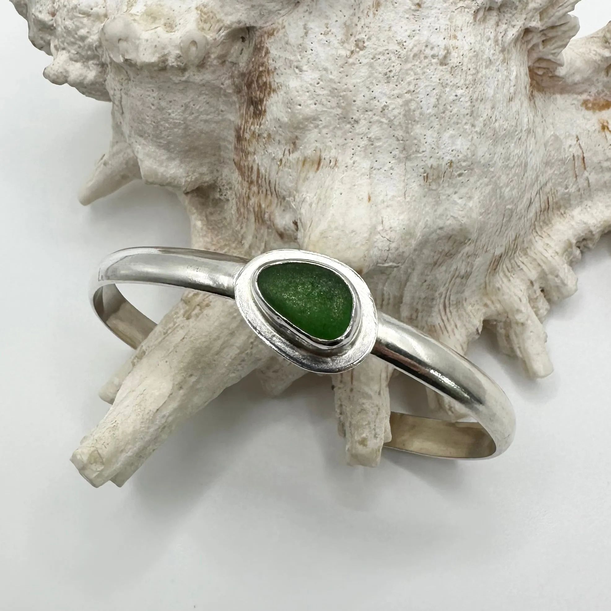 Sterling Silver and Seaglass Bangle in Green