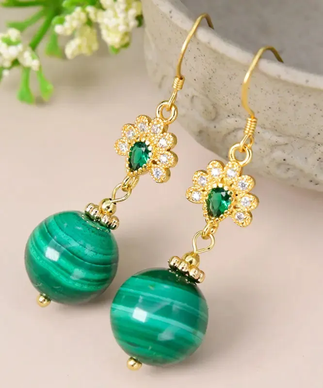 Sterling Silver Overgild Zircon Malachite Drop Earrings