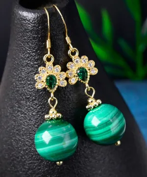 Sterling Silver Overgild Zircon Malachite Drop Earrings