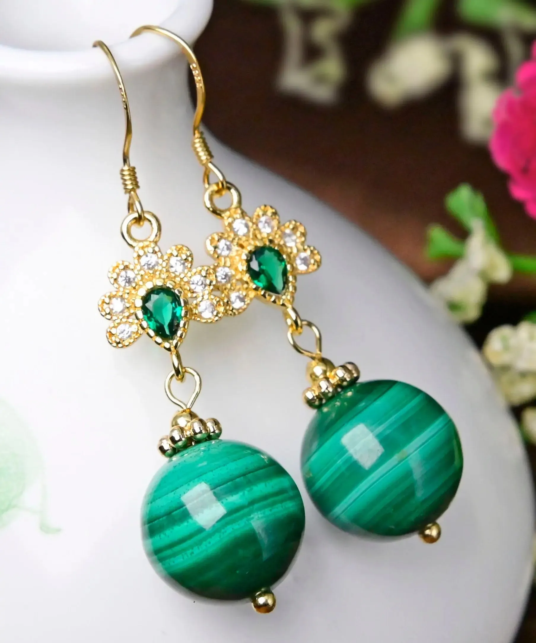 Sterling Silver Overgild Zircon Malachite Drop Earrings