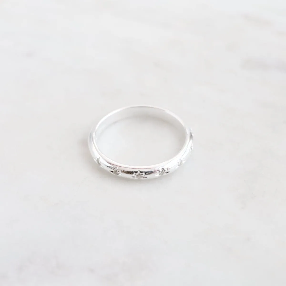 Sterling Silver Slim Band with 7 Star Set CZ Ring