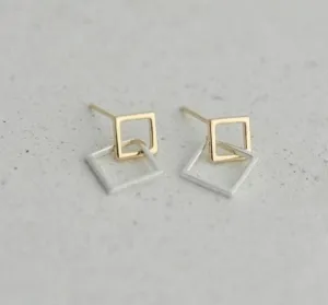 Stud earrings, Sterling Silver, 14k Gold Plated, Cute, Square, Round, Dangle Earrings, Drop Earrings