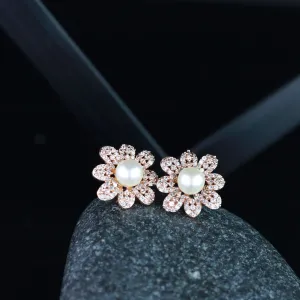 Stylish Latest Fashion Rose Gold-Plated & White Floral Studs Earrings for Women