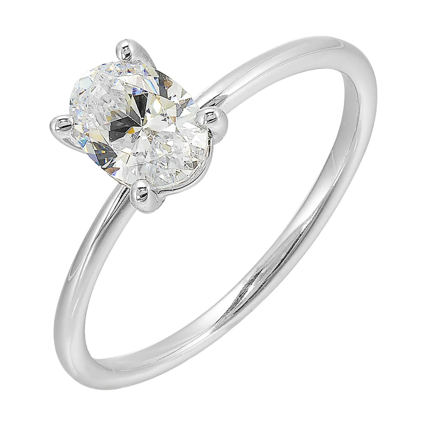 This delightful engagement ring features classic four prong oval solitaire engagement ring. The petite band adds to the sleek, classic look of this ring.