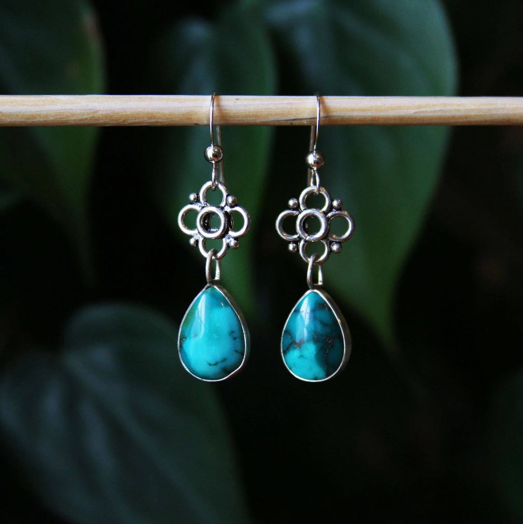 Turquoise Teardrop Flower Tile Sterling Silver Earrings