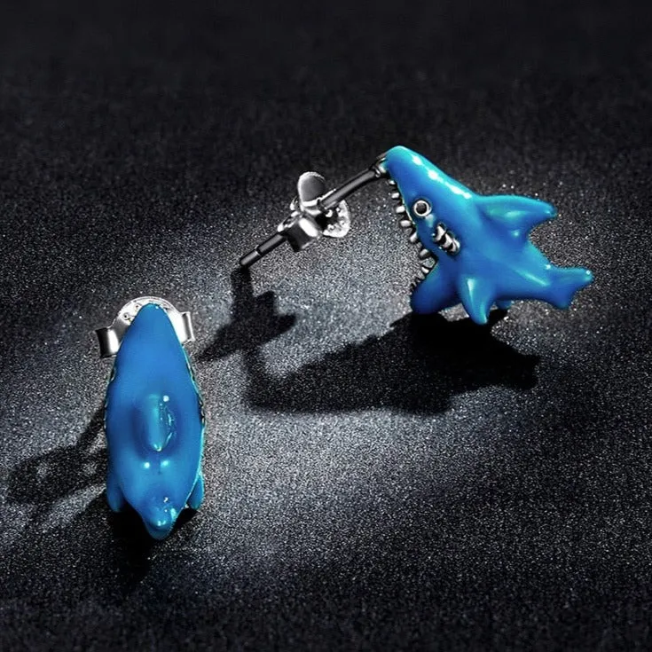 Unique Blue Shark Pure S925 Silver Earrings