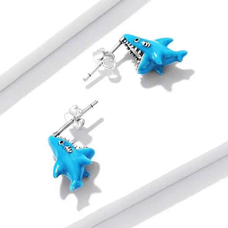 Unique Blue Shark Pure S925 Silver Earrings