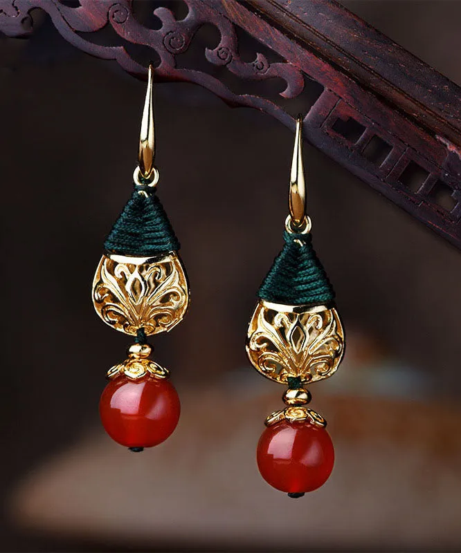 Unique Red Agate Droplet Shape 14K Gold Drop Earrings