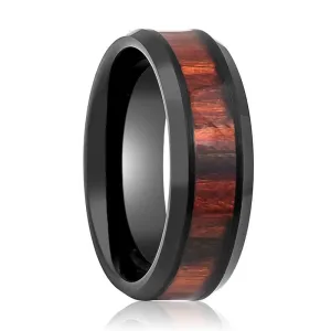 WARDEN | Black Tungsten Ring, Dark Mahogany Wood Inlay, Beveled Edge