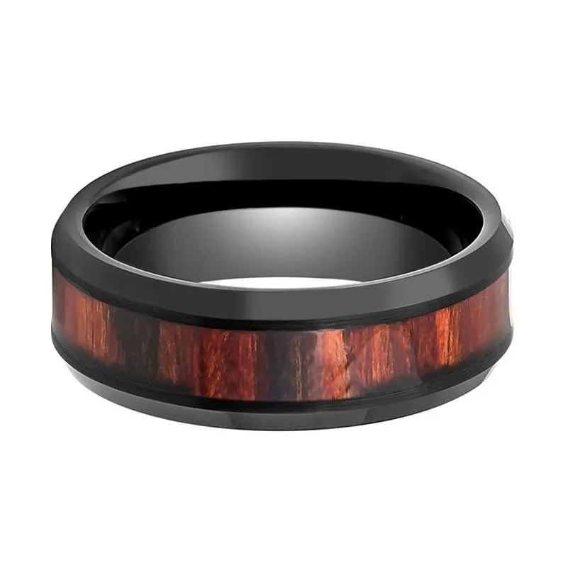 WARDEN | Black Tungsten Ring, Dark Mahogany Wood Inlay, Beveled Edge