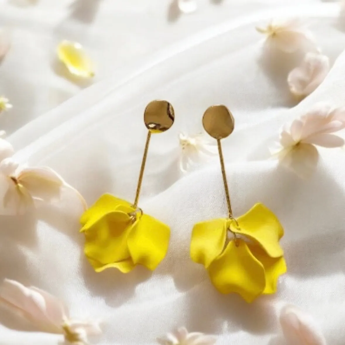 Yellow - flower earrings |dangle petals baroque earrings | gold bar unique floral earrings | bridal party wedding earrings